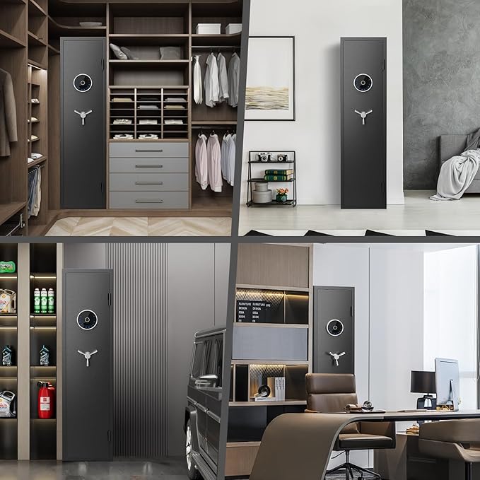 7-10 Gun Safe, Biometric Rifle Safe, 54" Long Gun Cabinet for Rifles and Pistols, Quick Access Gun Cabinet for Rifles and Shotguns with Backlit Keypad, Dual Alarm System and 3 Gun Racks