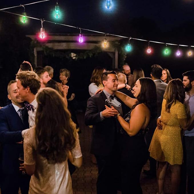 GANA Outdoor String Lights, Patio Lights 96FT Music Flash RGBW Colourful, Safe 12V Low Voltage LED Shatterproof Bulbs Connectable, Heavy Duty Wire IP65 Waterproof Level, for Courtyards Bistro