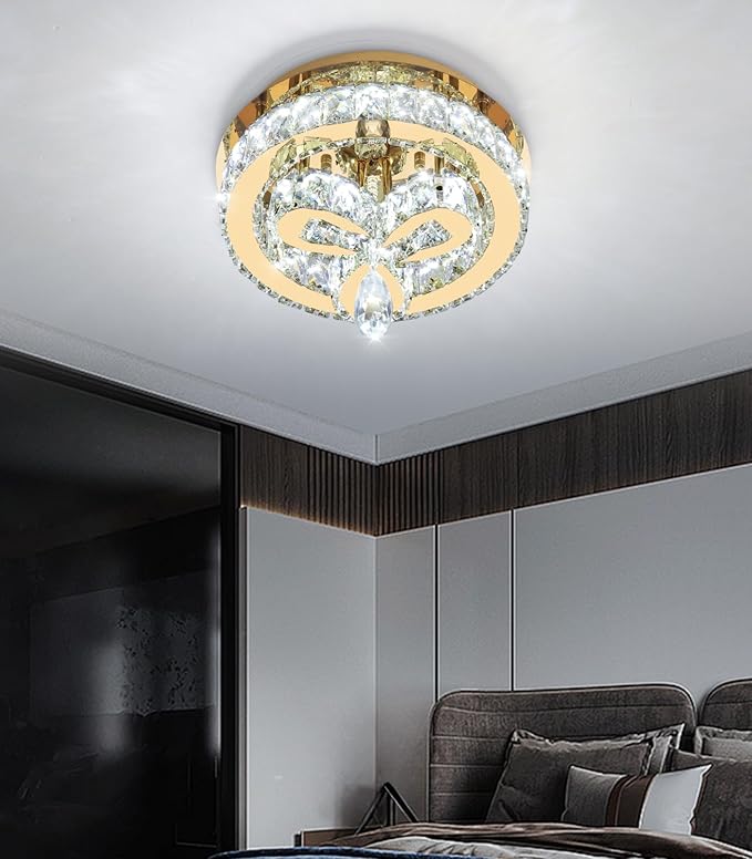 12'' Modern Crystal Chandelier LED Dimmable Flush Mount Ceiling Light Pendant Light for Hallway Living Room Bedroom Dining Room Foyer Gold