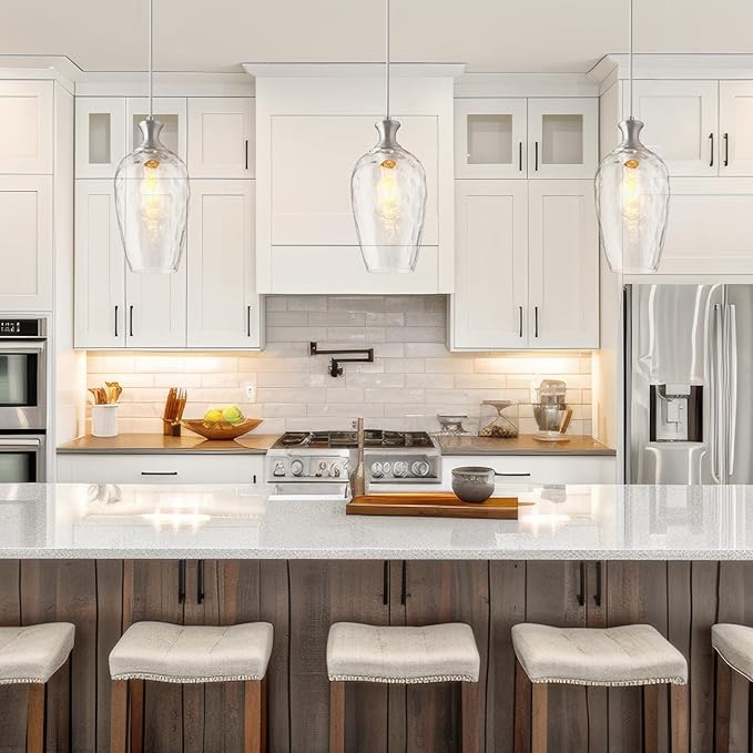 Glass Pendant Lights Kitchen Island, 1-Light Brushed Nickel Pendant Light Fixtures with Hand-Blown Clear Glass, Modern Farmhouse Hanging Light for Kitchen Sink Dining Room Bedroom, E26