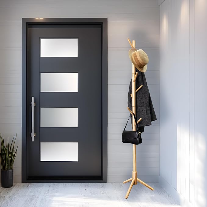 VaeFae Bamboo Coat Rack Stand, Free Standing Hall Tree with 8 Hooks (Natural)