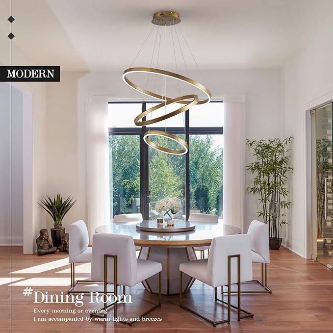 LED 3-Ring Chandelier Gold Dimmable Modern Pendant Light with Remote Control Vintage Brass LED Circle Chandelier for Dining Room Entry Foyer Bedroom Living Room,75W