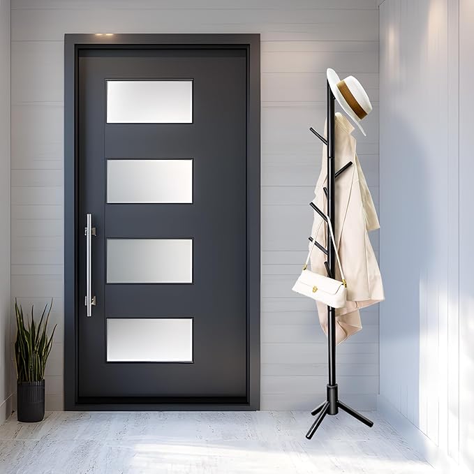 VaeFae Bamboo Coat Rack Stand, Free Standing Hall Tree with 8 Hooks (Black)