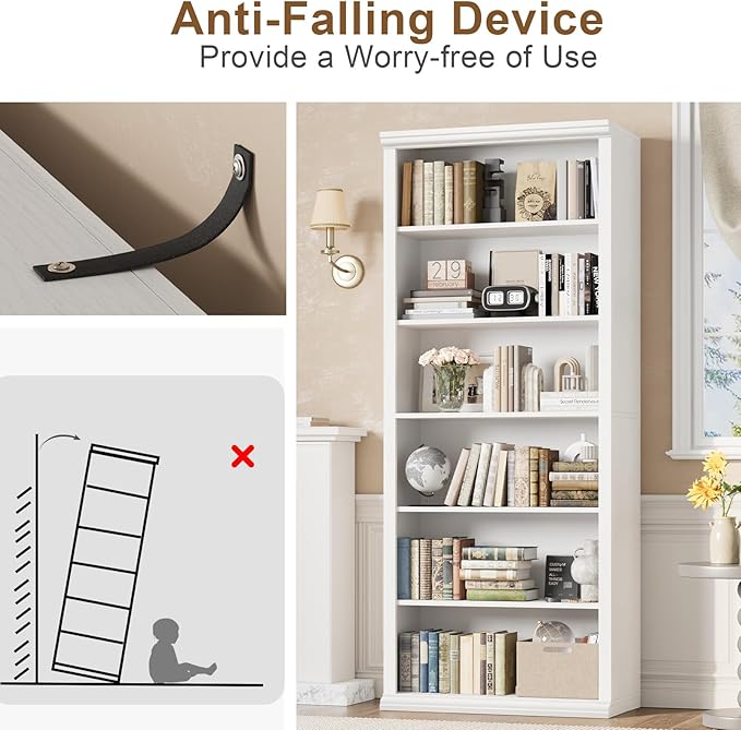 Rresyet Bookcase and Bookshelf, 28" W Tall Bookshelf with Elegant Design, 6 Tiers Spacious Book Storage, Freestanding Book Organizer, Display Library Shelf for Home Office, Living Room & Study Room