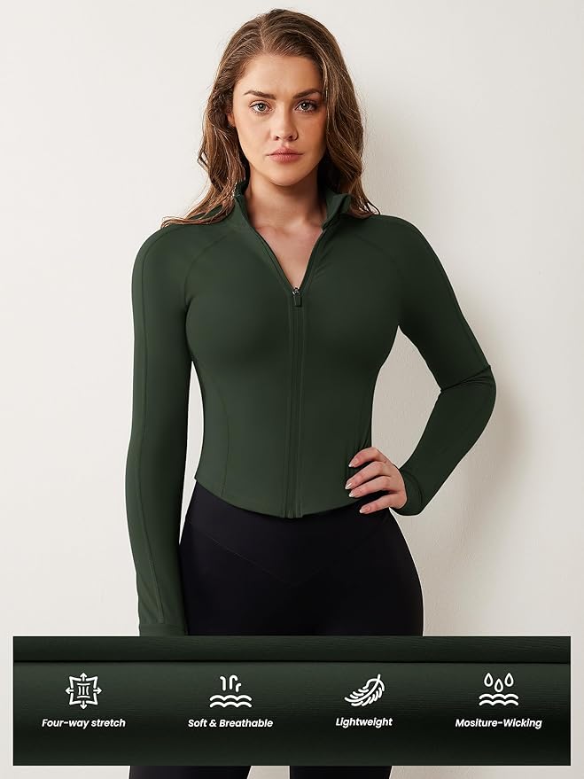 AVGO Women's Workout Jacket Lightweight Zip Up Cropped Yoga Jackets Slim Fit Athletic Tops with Thumb Holes