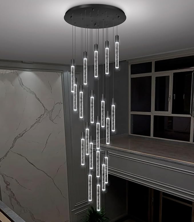 13 Foot High Ceiling Chandelier for Entryway Modern Crystal Lights for Living Room Foyer Flush Mount Sloping Ceiling Pendant Light Fixture Remote Dimmable 20-Lights Black