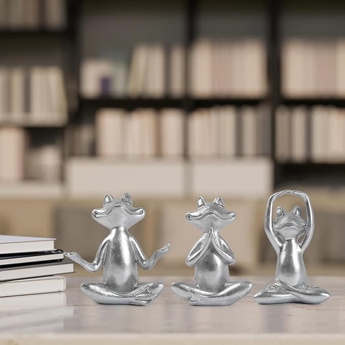 Silver Frog Figurines Yoga Decor Set of 3 –Frog Yoga Statues for Modern Living Room Table Office Bookshelf Shelves Home Sculptures Decor, for Mom Dad Women