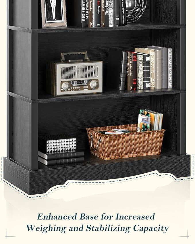 TVU 5-Tier Wooden Bookshelf, 65 Inch Tall Bookshelf with Storage, Floor Standing Modern Style Display Bookcase for Living Room, Office, Study Room, Entryway, Black
