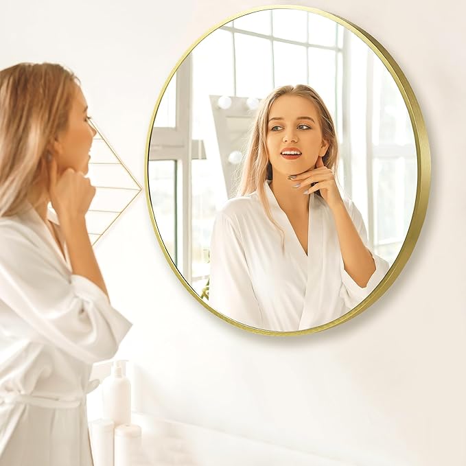 24 inch Gold Circle Wall Mirror, Brushed Gold Metal Framed Round Mirror for Bathroom Vanity, Bedroom Decor, Living Room, Entryway