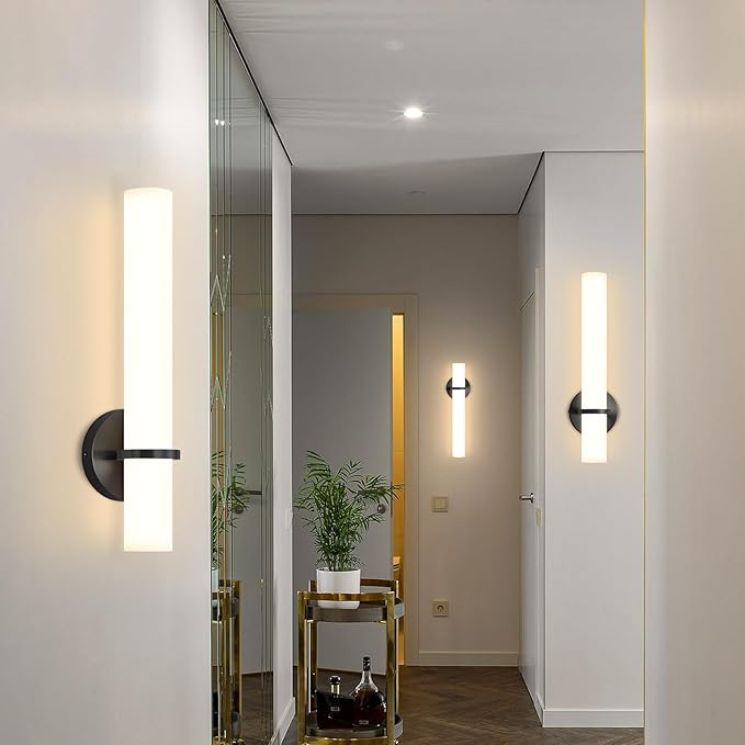 16W LED Dimming Wall Sconces 2 Packs, 3000K Warm Lights Dimmable, White Lampshade Bathroom Vanity Lighting Wall Light Fixtures for Bedroom Dining Living Hallway, Black