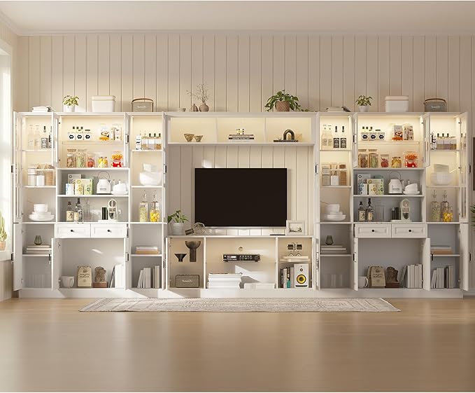 MEISSALIVVE 4-Piece Wall Unit TV Stand with Storage & LED Lights for TVs up to 75", Modern Entertainment Center with Bookshelves & 8-Door Pantry Cabinet, White