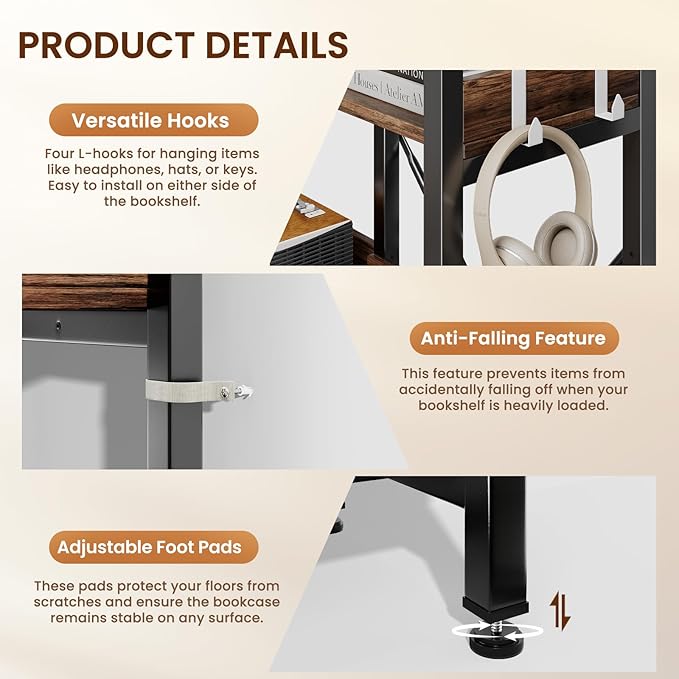 5-Tier Corner Bookshelf - Modern Tall Corner Bookcase with Sturdy Metal Frame, Large Storage L Shaped Bookshelf for Living Room/Home Office/Bedroom, Space-Saving Design, Rustic Brown