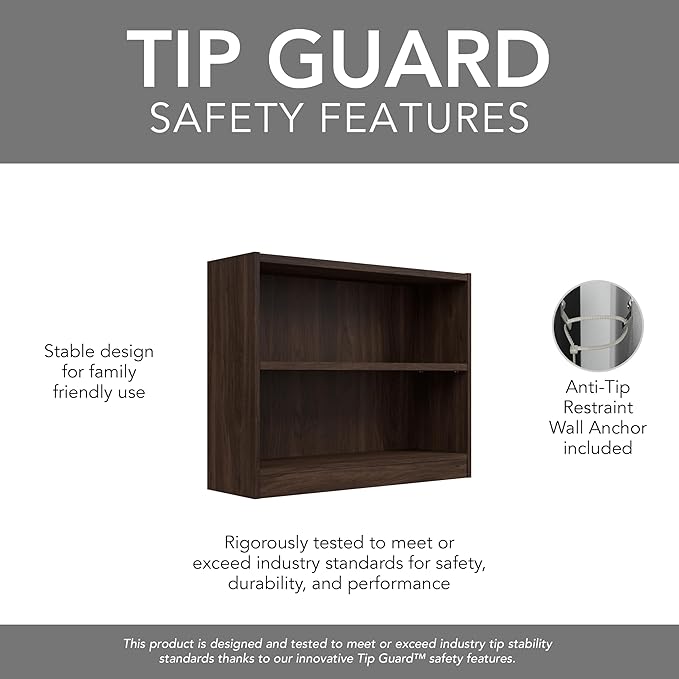 Bush Furniture Universal Small 2 Shelf Bookcase in Black Walnut, Low Storage and Display Bookshelf for Home Office or Living Room Organization