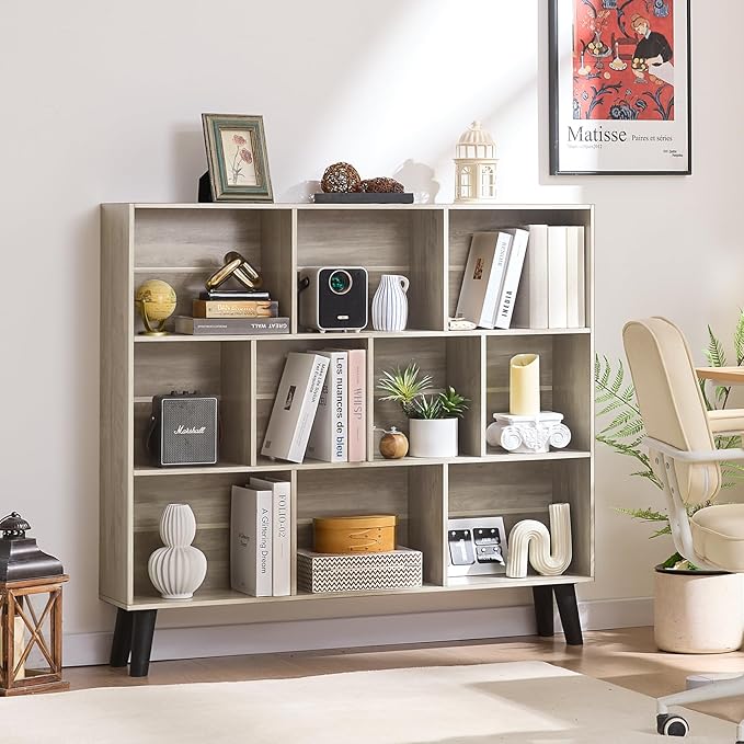LEYAOYAO 10 Cube Bookshelf,3 Tier Modern Wide Bookcase with Legs,Mid-Century Wood Bookshelfs Storage,Retro Gray Large Book Case,Freestanding Organizer Display Shelf for Bedroom,Living Room,Office