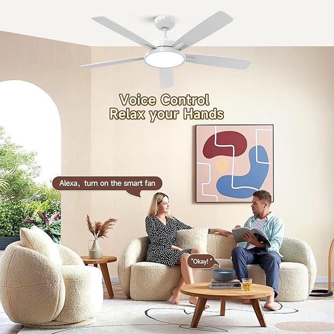 Roomratv Ceiling Fans with Lights,52 inch Smart Ceiling Fans with Dimmable LED Light Compatible with Google Home Alexa App Control(white
