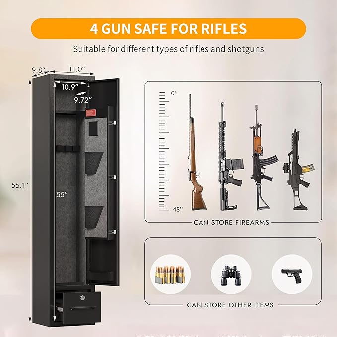 Small Gun Safe for Rifles and Pistols, 4 - Gun Capacity Long Gun Cabinet with Digital Lock and Detachable Gun Rack, Shotgun Safes with Removable Shelf and Locking Drawer for Home