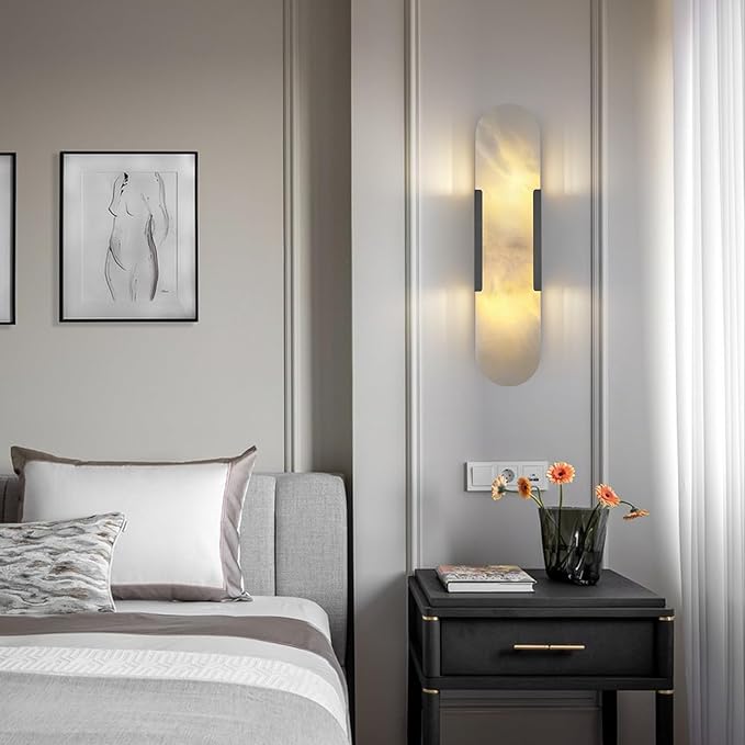 19.7in Matte Black Alabaster Wall Sconces, Natural Marble Wall Sconces Indoor Alabaster Sconces for Living Room Modern Alabaster Sconces Wall Lighting for Dining Room Stairs Bedroom