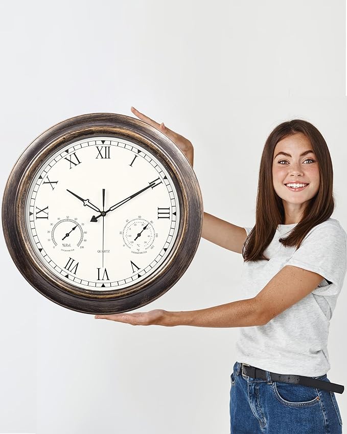 18 Inch Outdoor Clocks Waterproof, Vintage Silent Battery Operated Wall Clock with Thermometer and Humidity Combo - Large Metal Clock for Patio, Deck, Pool & Garden - Bronze Roman Numeral