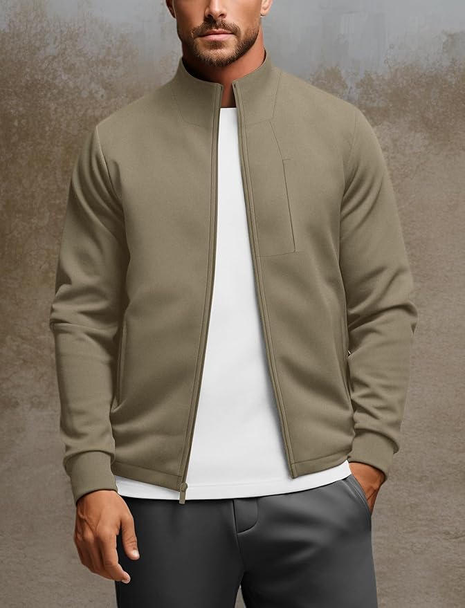Zengjo Men's Track Jackets Full-Zip Athletic Jacket Sweatshirt Mock Neck with Zipper Pockets