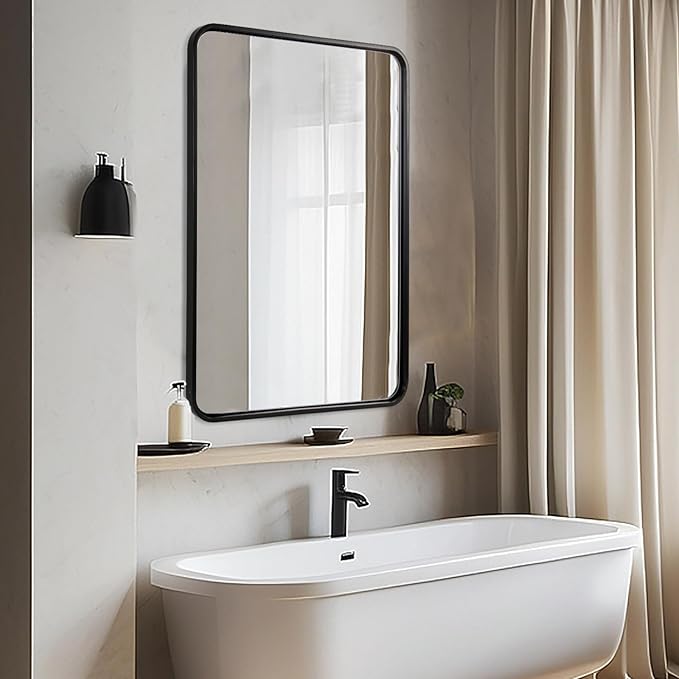 ANDY STAR 30''x48'' Black Bathroom Mirror, Rounded Rectangle Black Metal Framed Bathroom Vanity Mirror for Wall, Iron Tube, 1'' Deep, Wall-Mounted Horizontal/Vertical