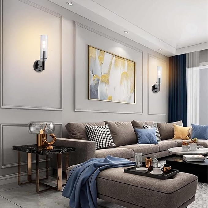 Black Bathroom Vanity Light Fixtures with Striped Clear Glass Shades Modern Wall Sconces Dimmer ON/Off Switch Indoor Wall Light for Mirror Living Room Bedroom Hallway Staircase