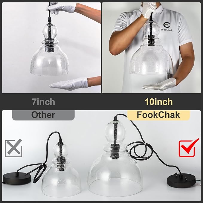 10" Seeded Glass Pendant Lights Kitchen Island Black Pendant Ceiling Light with Hand-Blown Clear Glass Over Dining Table Kitchen Sink Entryway Hallway, E26