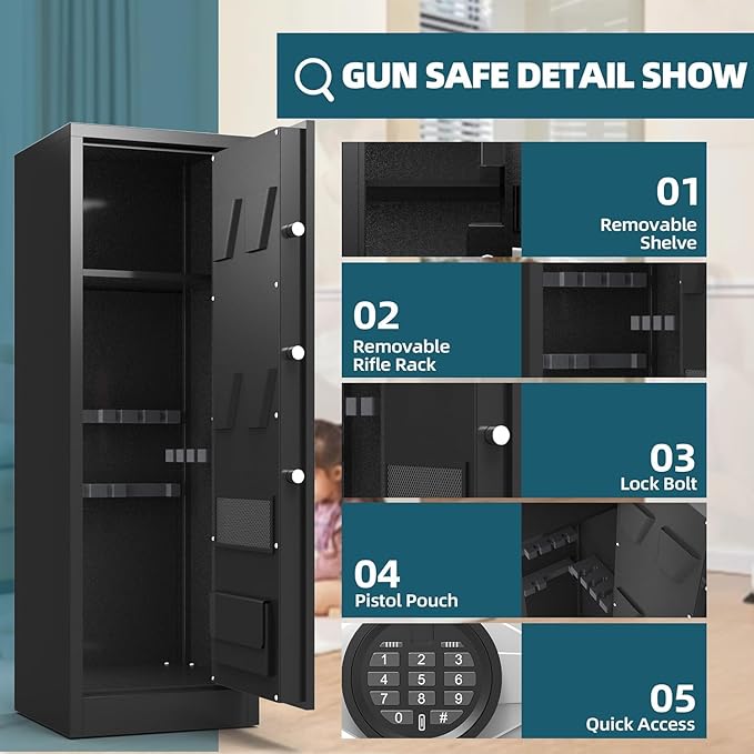Gun Safes for Home Rifle and Pistols, Rifle Gun Safe, Gun Safe Quick Access, Gun Cabinet with Removable Shelf, LED Light, Pistol Pouches & Inner Cabinet (8-10 gun safe digital)