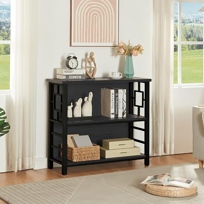 HOMISSUE Book Shelf, 3 Tier Deep Bookshelf with Storage, Engineered Wood and Metal Shelf Bookcase, Low Short Bookcases for Small Space, Living Room, Bedroom, Office, Black