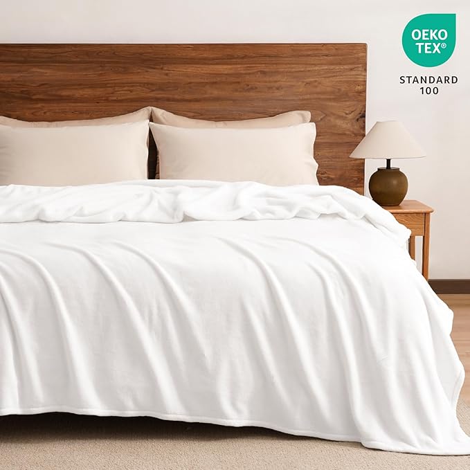 PHF Ultra Soft Fleece Blanket Queen Size, No Shed No Pilling Luxury Plush Cozy 300GSM Lightweight Blanket for Bed, Couch, Chair, Sofa Suitable for All Season, 90" x 90", White