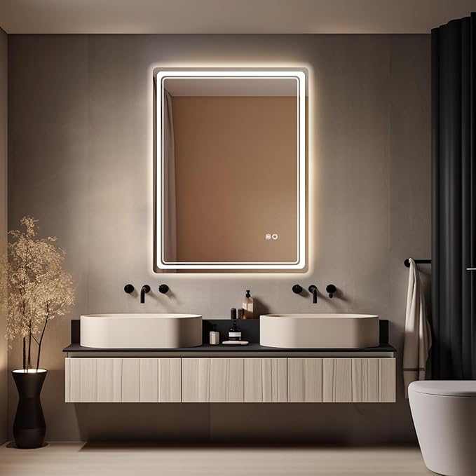 HOMECOOKIN Led Makeup Mirror, 27 x 36 inch Backlit Bathroom Mirror with Anti-Fog, 3 Colors Wall Mounted, Horizontal & Vertical