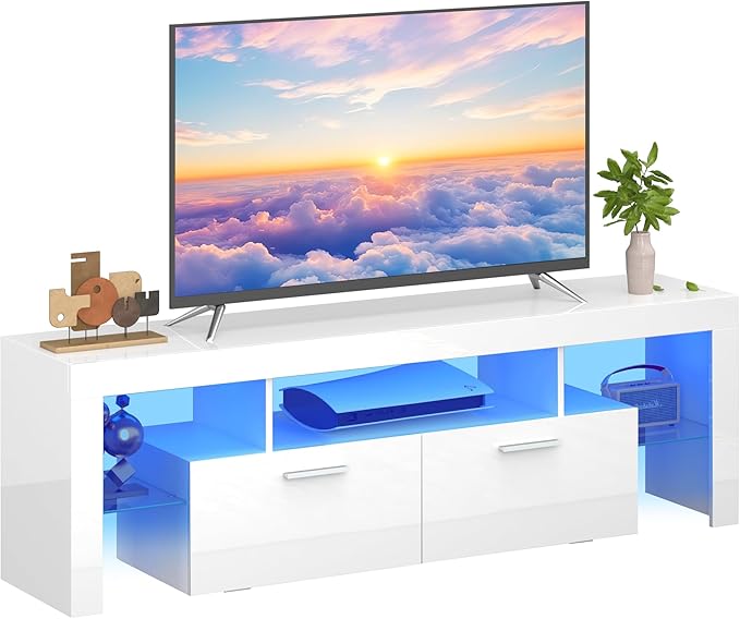 63 inch Modern High Gloss LED TV Stand with Storage for 40 50 55 60 65 70 inch TV, Gaming Entertainment Center, TV Cabinet with Glass Shelves for Living Room, Bedroom, White