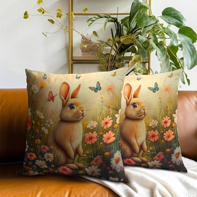 Giwawa Easter Bunny Throw Pillow Covers 18x18 Inch Flower Butterfly Decorative Pillowcase Set of 2 Couch Cushion Case for Sofa Home Living Room