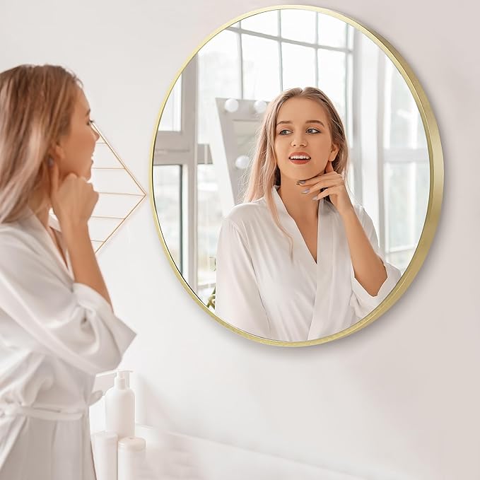 24 inch Gold Circle Mirror for Bathroom, Round Matte Gold Framed Mirror for Bathroom Vanity, Bedroom, Living Room, Wall Decor