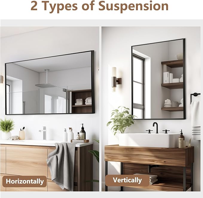 Black Bathroom Mirror, 20"x28" Rectangle Mirror, Matte Black Mirror, Metal Frame Square Corner Vanity Mirror, Wall Mounted Mirror for Modern, Living Room, Bedroom, Horizontal Or Vertical