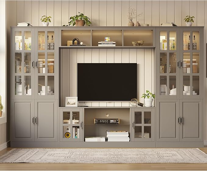 MEISSALIVVE 4-Piece Wall Unit TV Stand with Storage & LED Lights for TVs up to 75", Modern Entertainment Center with Bookshelves & 4-Door Pantry Cabinet, Gray
