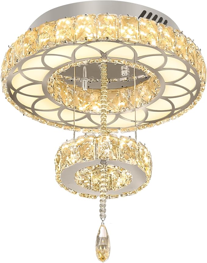 Flashing God Dia 12" Crystal Mini Chandelier Crystal Silver Ceiling Light Fixtures LED Flush Mount Ceiling Light for Living Room Bedrooms Dining Room Dimmable 2700k 4500k 6000k
