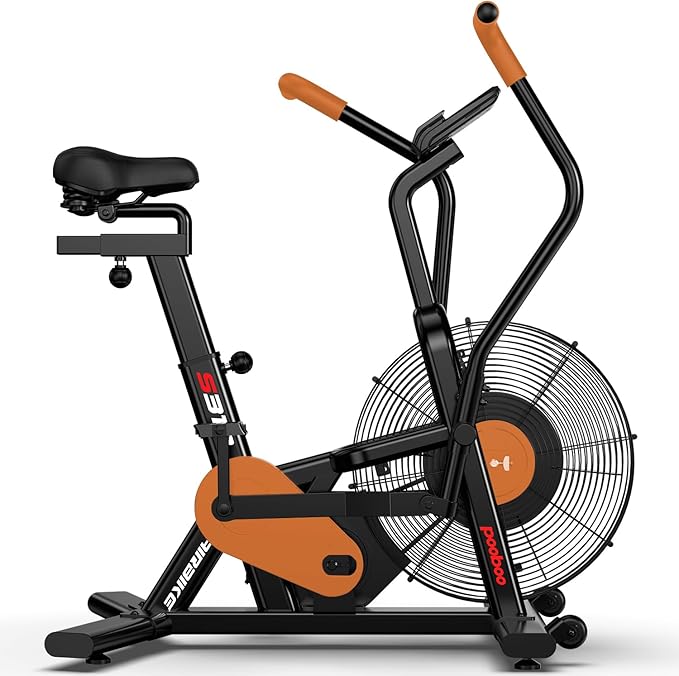 pooboo Exercise Bike, Stationary Bike for Home Gym, Air Resistance Bluetooth Fan Bike w/Dual Acction Handlebars & Dual-Layer Transmission System, Upright AirBike Indoor Cycling Bike for Cardio Workout