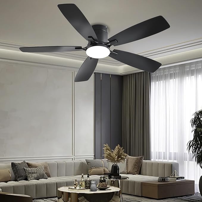 Ceiling Fans with Lights, 52 inch Low Profile Ceiling Fan with Light and Remote Control, Flush Mount, Reversible Motor, Dimmable, Noiseless, Black Ceiling Fan for Bedroom, Indoor/Outdoor Use