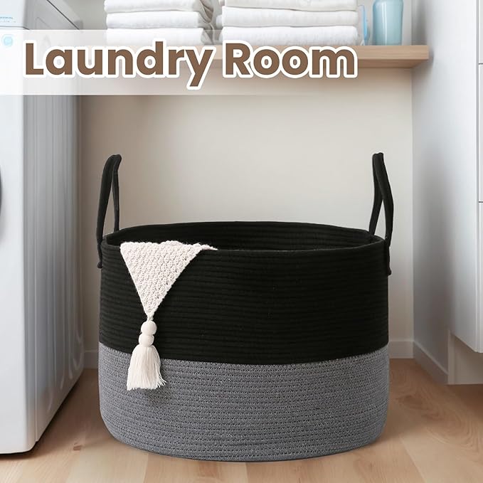 Woven Blanket Basket,115L Large Rope Storage Bin with Handles, Organizer for Blankets Toys Book and Clothes, Laundry Basket for Living Room Bedroom Nursery,Black&Grey