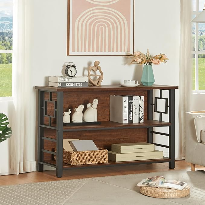 HOMISSUE Book Shelf, 3 Tier Long Bookshelf with Storage, Engineered Wood and Metal Shelf Bookcase, Low Short Bookcases for Small Space, Living Room, Bedroom, Office, Rustic Brown