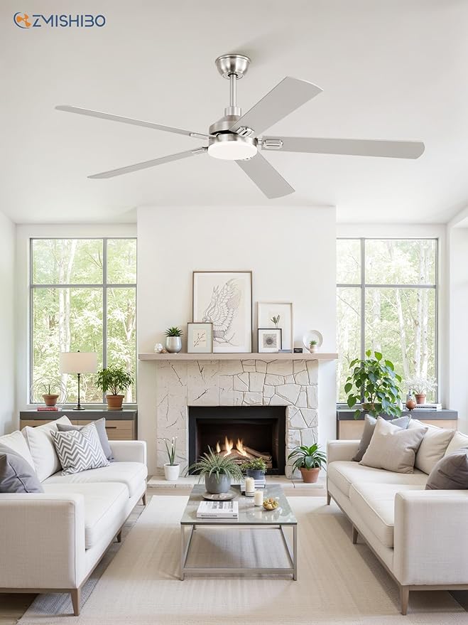 ZMISHIBO 60" Ceiling Fans with Lights, Nickel Modern Ceiling Fan with Remote, Bedroom Indoor Ceiling Fan with Dual Finish Blades, Quiet & Strong Motor, Bright LED Light