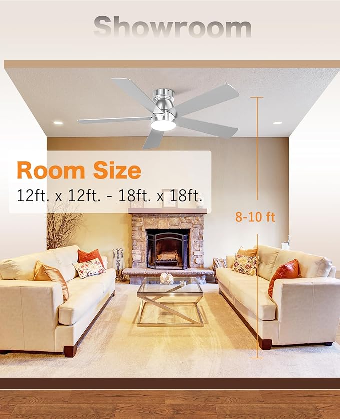 Ceiling Fans with Lights, 52 inch Low Profile Ceiling Fan with Light and Remote Control, Flush Mount, Reversible, 3CCT, Noiseless, 5 Blades Modern Ceiling Fan for Bedroom Living Room (Nickel)