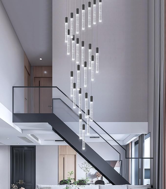 13 Foot High Ceiling Chandelier for Entryway Modern Crystal Lights for Living Room Foyer Flush Mount Sloping Ceiling Pendant Light Fixture Remote Dimmable 24-Lights Black