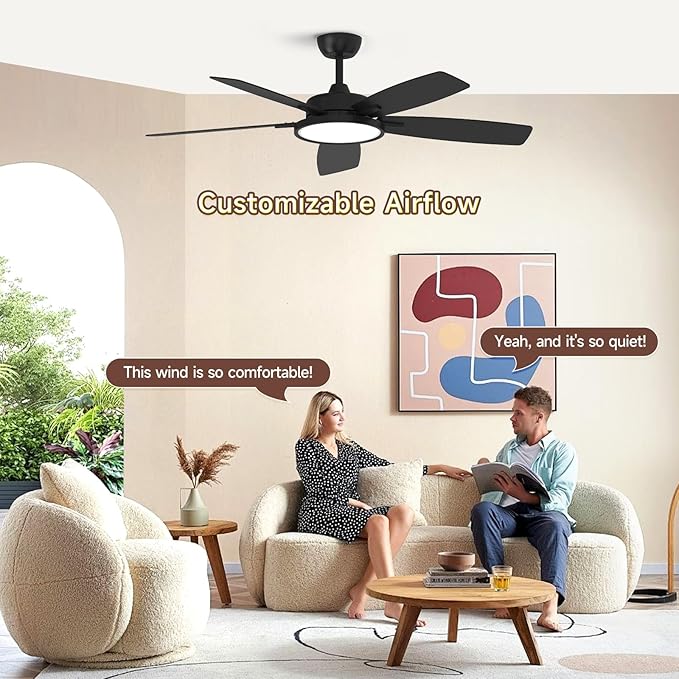 Roomratv Ceiling Fans with Lights,52 Inch,Remote Control,Dimmable,Quiet Reversible DC Motor,Black Ceiling Fan for Living Room,Bedroom,Kitchens,Outdoor Patio,Farmhouse