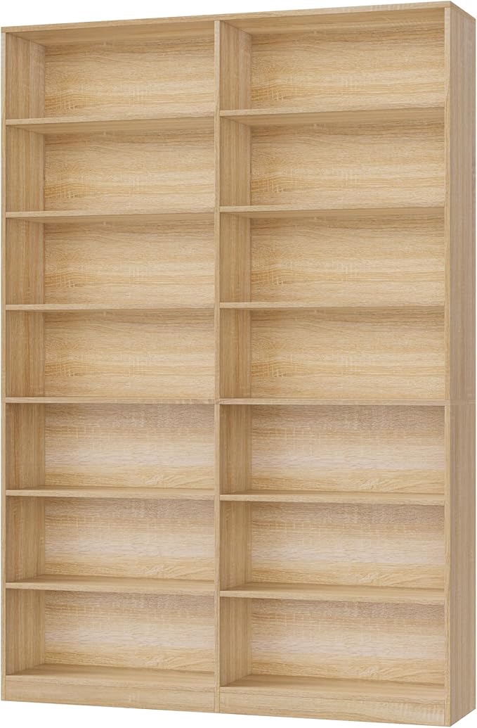 83.6" Tall Bookshelf and Bookcase, 7-Tier Extra Large Bookshelf with Double Storage, 14 Open Display Shelves for Home Office, Study and Living Room, Light Oak
