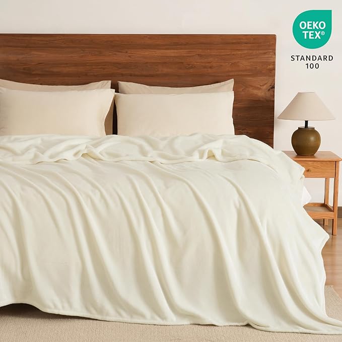 PHF Ultra Soft Fleece Blanket Queen Size, No Shed No Pilling Luxury Plush Cozy 300GSM Lightweight Blanket for Bed, Couch, Chair, Sofa Suitable for All Season, 90" x 90", Cream