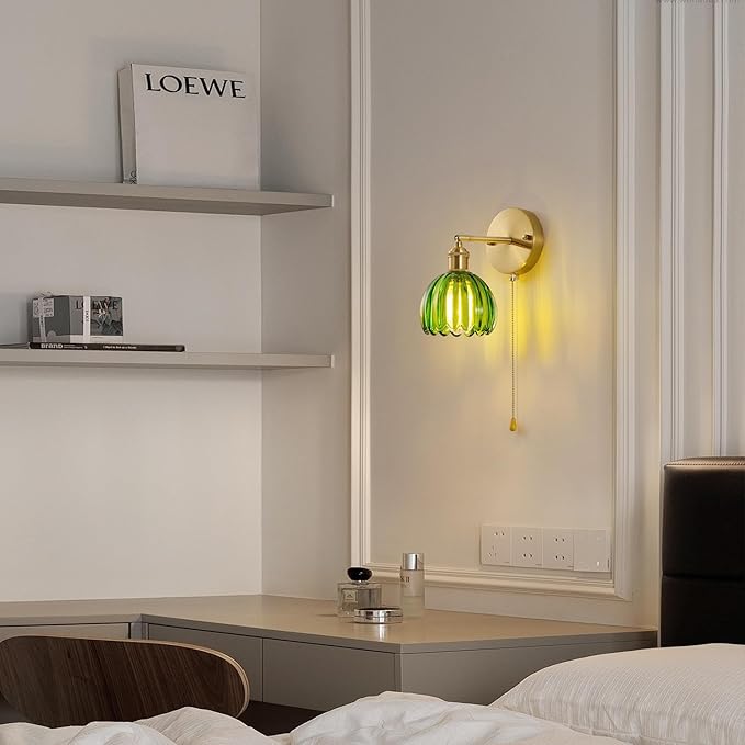 Vintage Wall Sconce 2 Pack, Green Glass Shade Gold Wall Lamp with 12 Inch Cable Switch, Modern Bathroom Wall Sconces Set of Two for Bedroom Corner Hallway