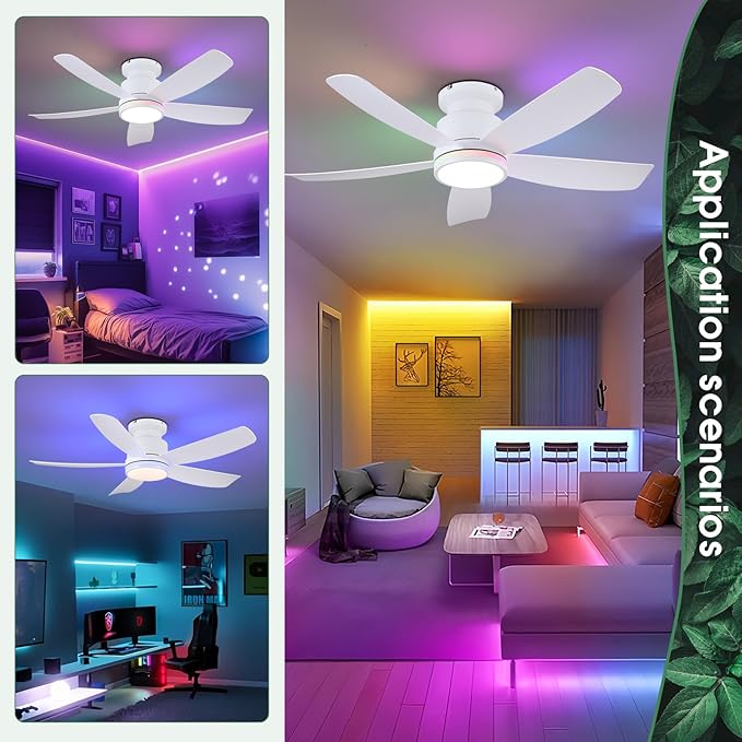 Ceiling Fans with Lights and Remote/APP Control, 41" Low Profile Ceiling Fan with Dimmable White Lights+RGB Ring Lights, 5 Reversible Curved Blades 3 CCT 6 Speeds for Bedroom Living Room, White