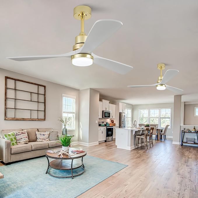 BOJUE 52 Inch Gold Ceiling Fans with Lights and Remote, Dimmable LED Light, Modern Solid Wood Ceiling Fan with Light for Indoor/Outdoor Farmhouse, Bedroom, Patio - Gold Finish and White Blades