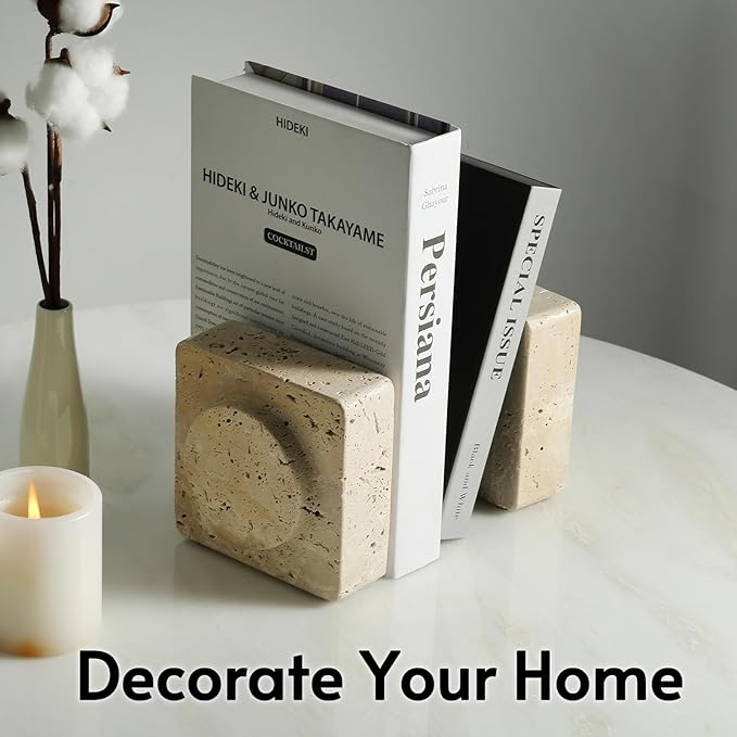 Koville Marble Square Book Ends, Heavy Duty Book Holders, Bookends for Shelves, Office Bookshelf Decor for CDs/Video Games (Travertino Romano)